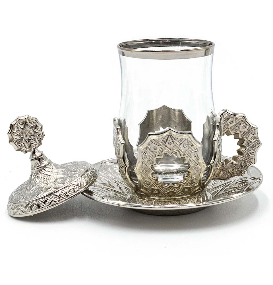 Modefa Islamic Decor Silver Turkish Luxury 8 Piece Tea Cup Set | Selcuk Star Design with Circular Tray - Silver