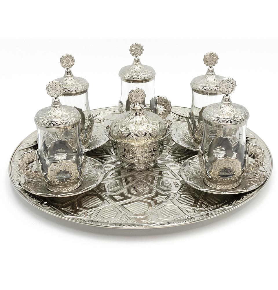 Modefa Islamic Decor Silver Turkish Luxury 8 Piece Tea Cup Set | Selcuk Star Design with Circular Tray - Silver