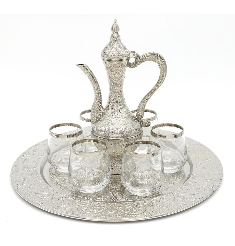 Modefa Islamic Decor Silver Turkish Luxury 8 Piece Zamzam Water Cup Set | Ottoman Style Tray with Pitcher - Silver