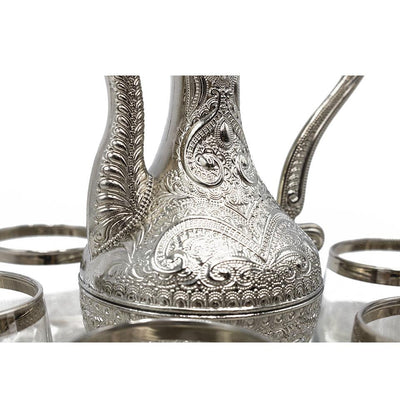 Modefa Islamic Decor Silver Turkish Luxury 8 Piece Zamzam Water Cup Set | Ottoman Style Tray with Pitcher - Silver