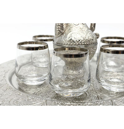 Modefa Islamic Decor Silver Turkish Luxury 8 Piece Zamzam Water Cup Set | Ottoman Style Tray with Pitcher - Silver