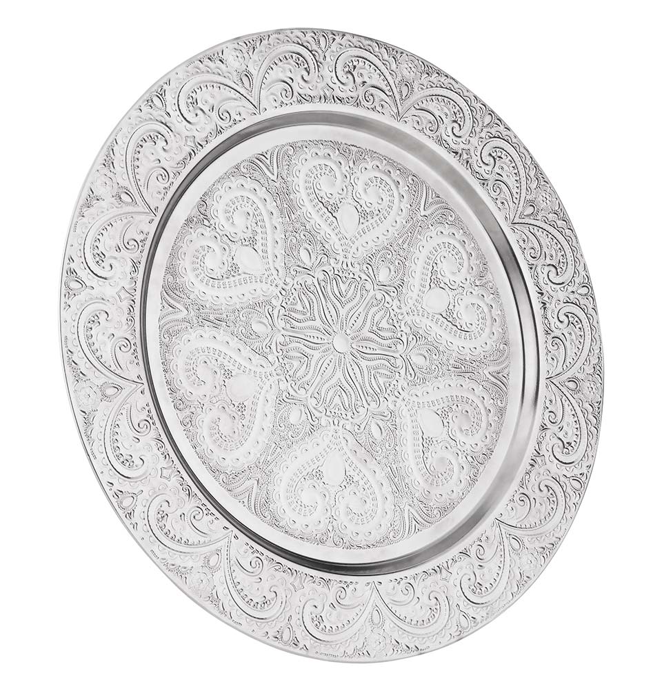 Modefa Islamic Decor Silver Turkish Luxury Metal Charger Plate | Ottoman Style Engraved | 6 Piece Set - Silver