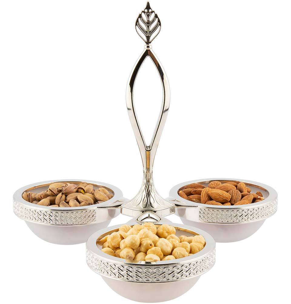 Modefa Islamic Decor Silver Turkish Luxury Sectioned Serving Dish | Triple Glass Bowl Set - Silver