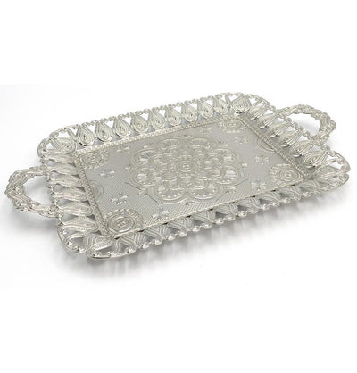 Modefa Islamic Decor Silver Turkish Rectangular Serving Tray | Ottoman Style with Tulip Border - Silver