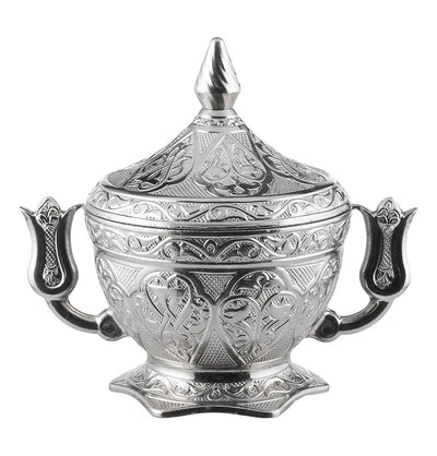 Modefa Islamic Decor Silver Turkish Sugar Bowl with Lid ' Ottoman Style Engraved Tulip # 063 Silver