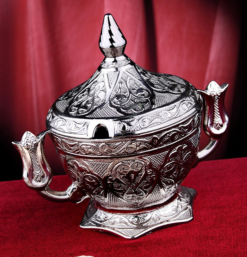 Modefa Islamic Decor Silver Turkish Sugar Bowl with Lid ' Ottoman Style Engraved Tulip # 063 Silver