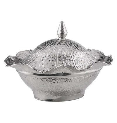 Modefa Islamic Decor Silver Turkish Tea Sugar Bowl | Ottoman Style Engraved | Oval Covered Dish Bowl - Silver