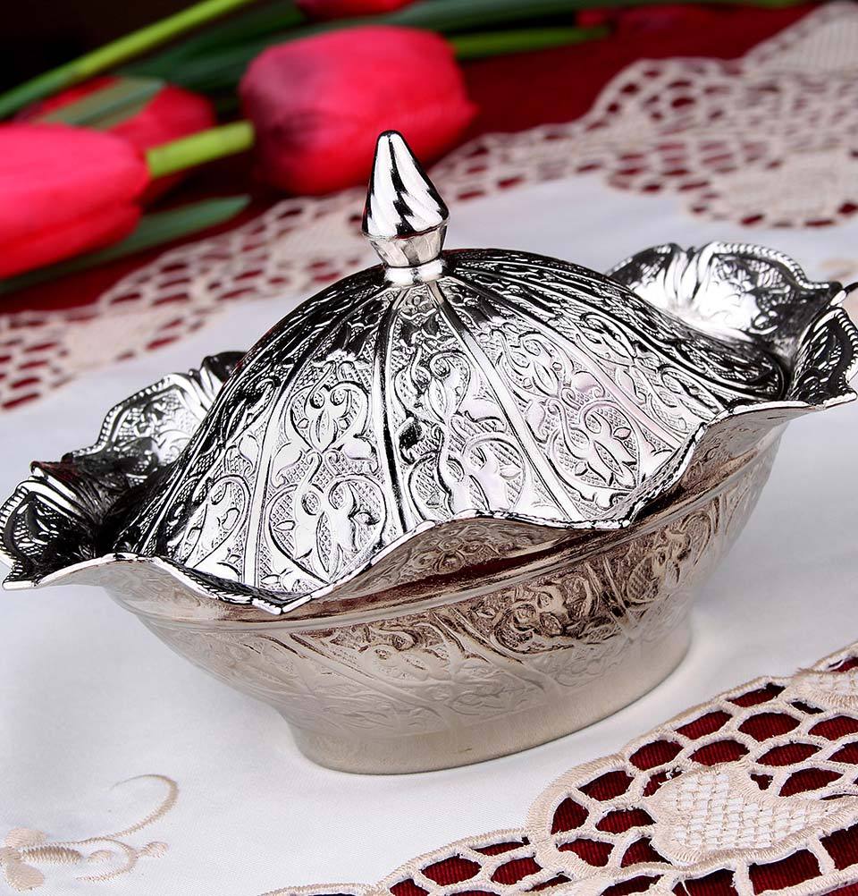 Modefa Islamic Decor Silver Turkish Tea Sugar Bowl | Ottoman Style Engraved | Oval Covered Dish Bowl - Silver