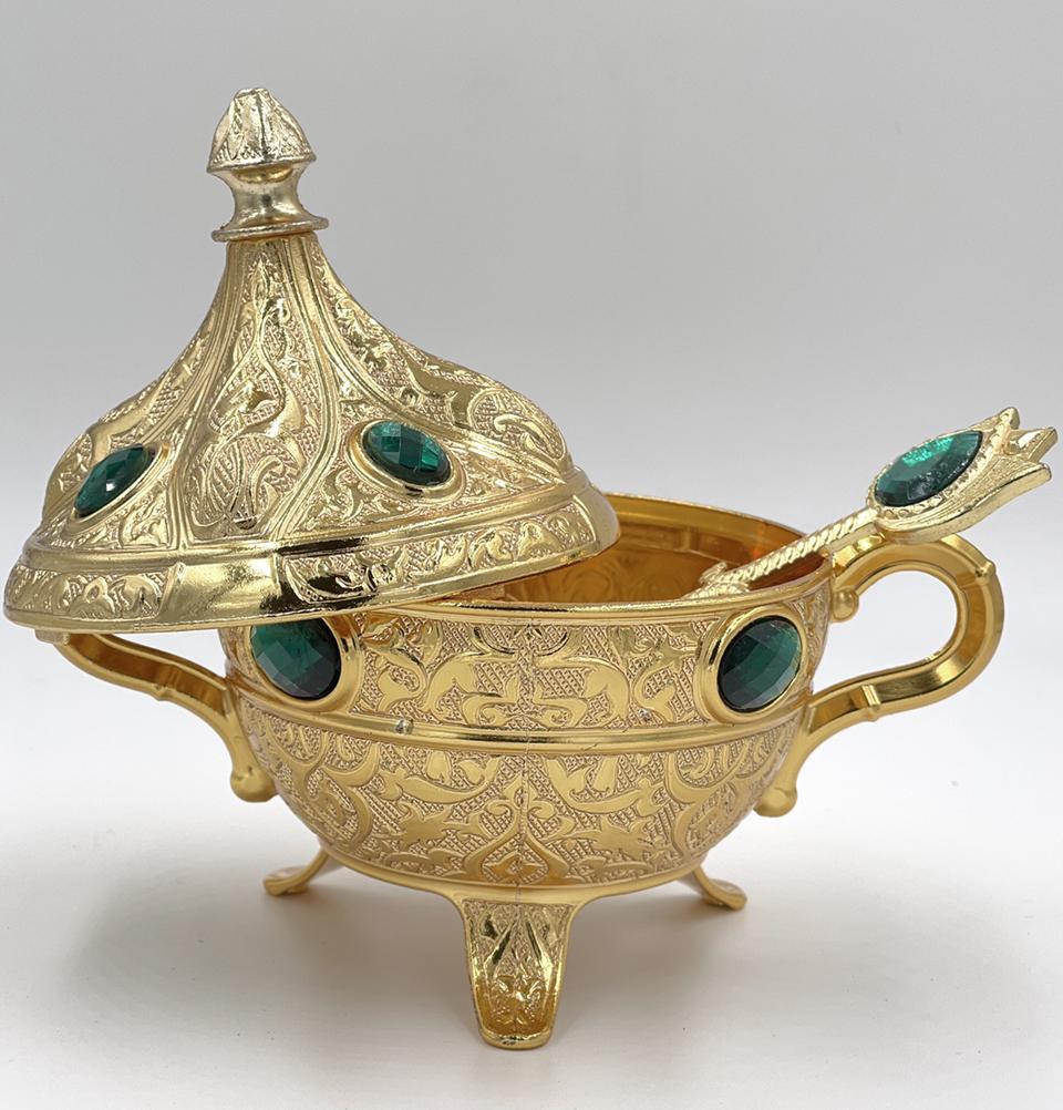 Modefa Islamic Decor Turkish Sugar Bowl | Ottoman Style Engraved | Round with Oval Stones - Gold