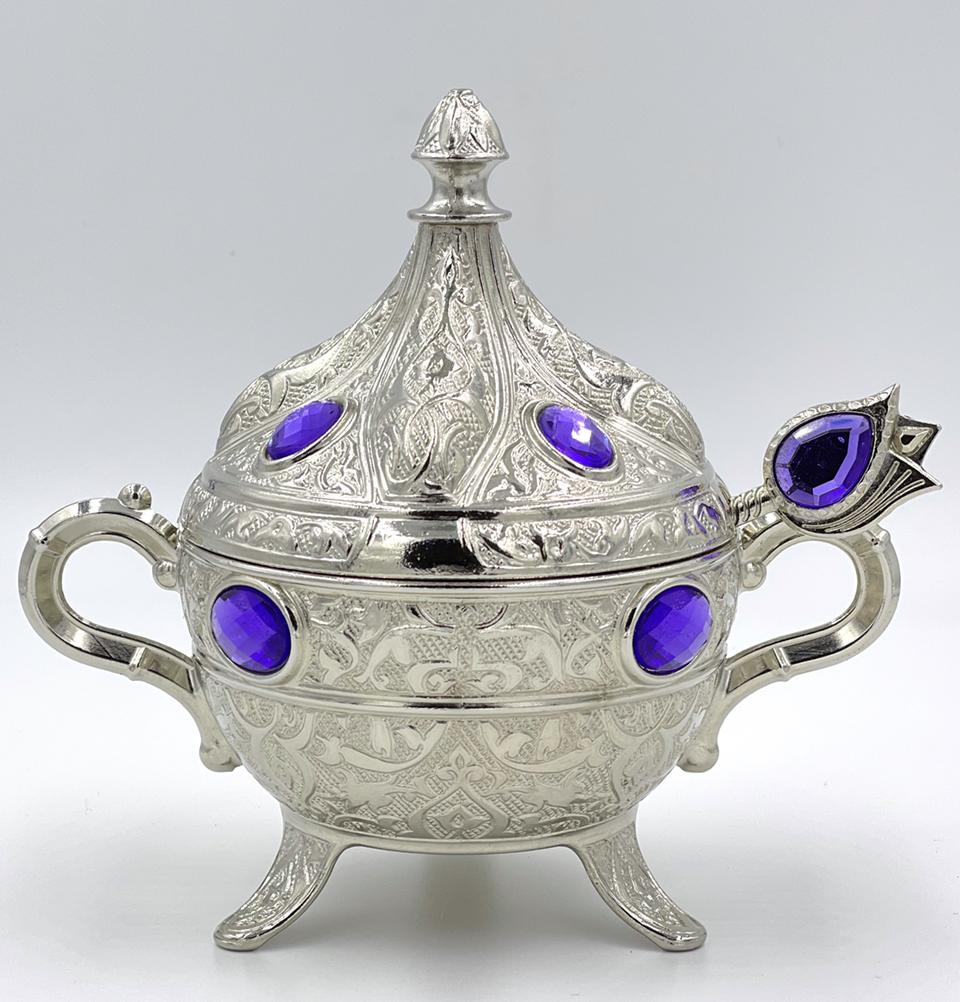 Modefa Islamic Decor Turkish Sugar Bowl | Ottoman Style Engraved | Round with Red Oval Stones - Silver