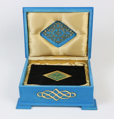Handmade Wooden Luxury Quran Display Box with Quran - Turquoise