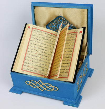 Handmade Wooden Luxury Quran Display Box with Quran - Turquoise