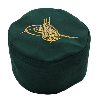 Islamic Men's Structured Kufi Hat- Ottoman Tughra Green