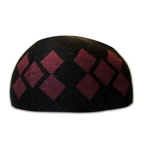 Modefa Islamic Men's Argyle Cotton Kufi Cap (Black/Red)