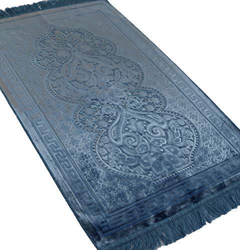 Luxury Velvet Islamic Prayer Rug - Steel Blue Paisley
