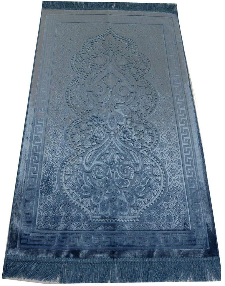 Luxury Velvet Islamic Prayer Rug - Steel Blue Paisley