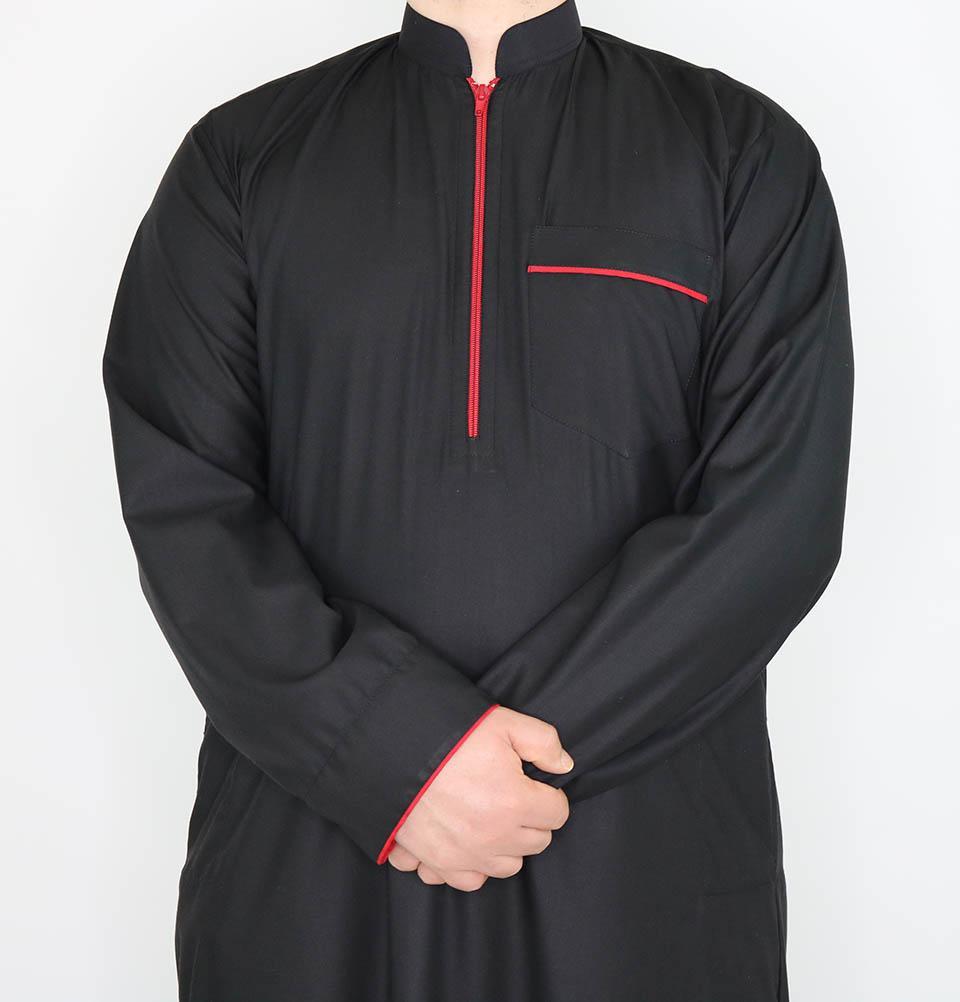 Men's Full Length Long Sleeve Islamic Thobe - Black & Red