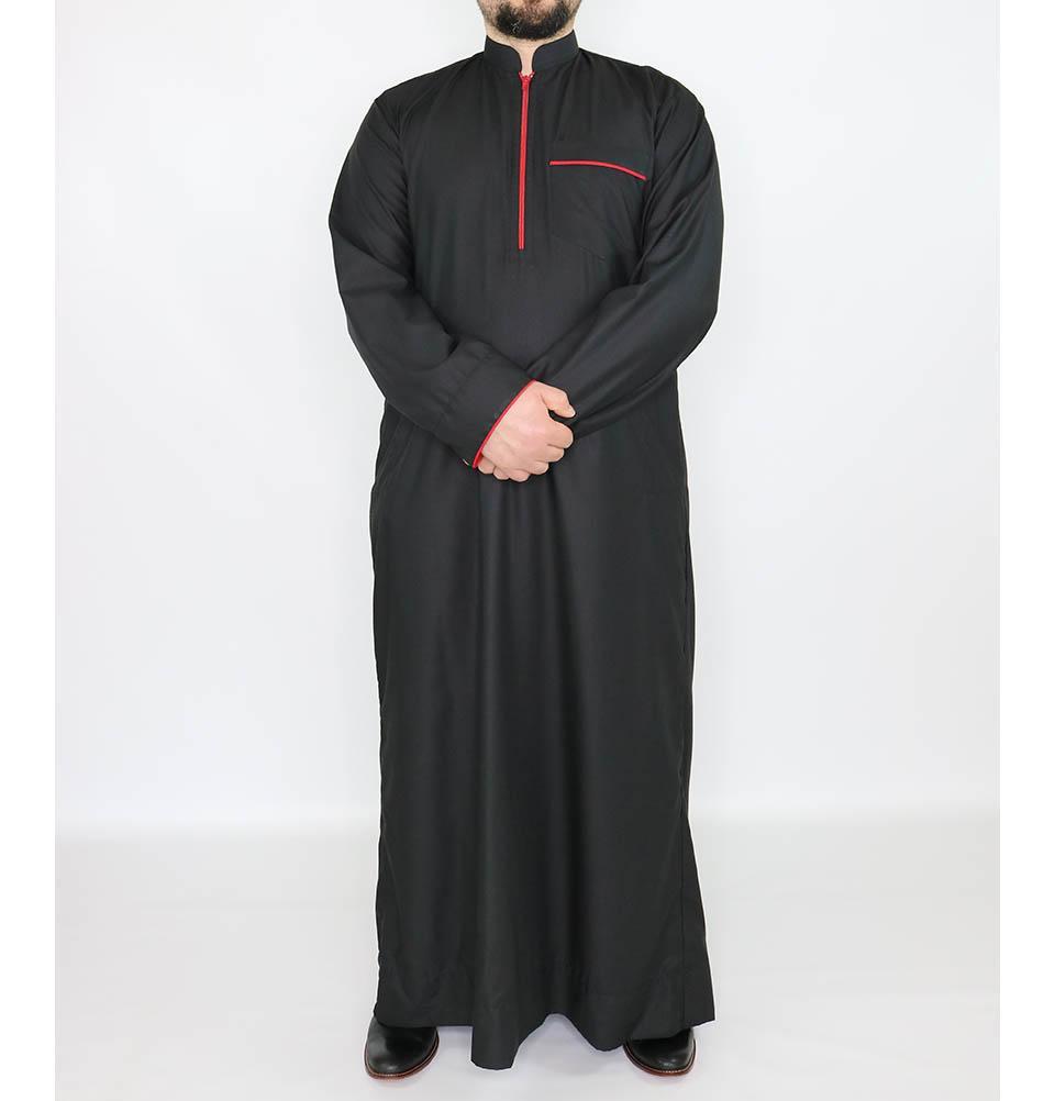 Men's Full Length Long Sleeve Islamic Thobe - Black & Red