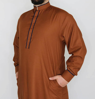 Men's Full Length Long Sleeve Islamic Thobe - Brown & Navy Blue