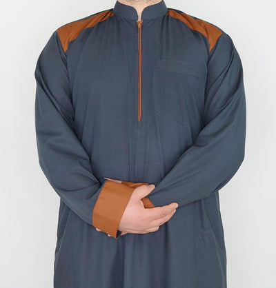 Men's Full Length Long Sleeve Islamic Thobe - Dark Gray & Brown