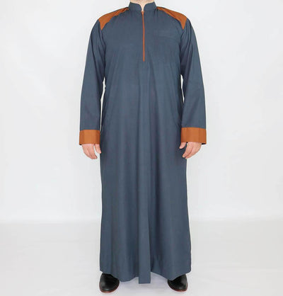 Men's Full Length Long Sleeve Islamic Thobe - Dark Gray & Brown