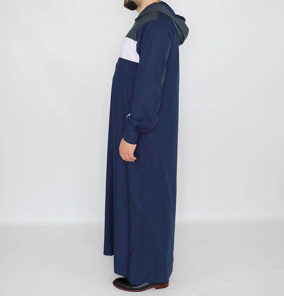 Men's Full Length Long Sleeve Islamic Thobe - Navy Blue/Gray/White