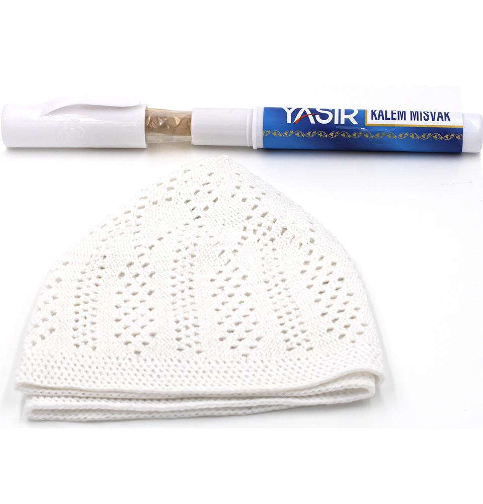 Modefa Miswak COMBO: Islamic Peelu Miswak with Holder + Men's White Knit Kufi Cap