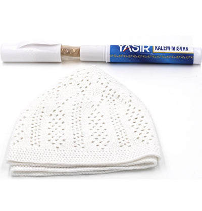 Modefa Miswak COMBO: Islamic Peelu Miswak with Holder + Men's White Knit Kufi Cap