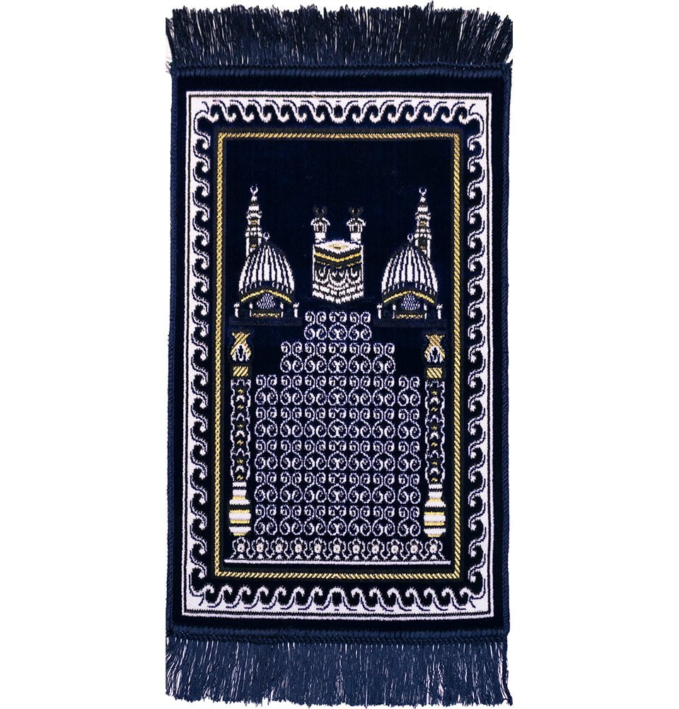 Modefa Navy Blue Child Velvet Islamic Prayer Rug - Kaba & Mosque Navy Blue