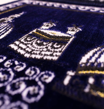 Modefa Navy Blue Child Velvet Islamic Prayer Rug - Kaba & Mosque Navy Blue