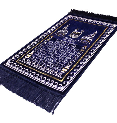 Modefa Navy Blue Child Velvet Islamic Prayer Rug - Kaba & Mosque Navy Blue