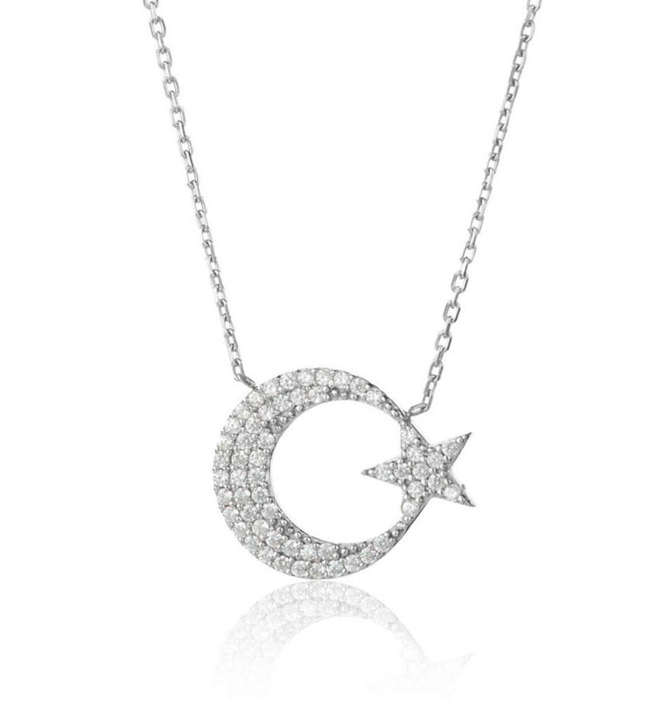 Women's Sterling Silver Islamic Necklace Crescent Moon & Star