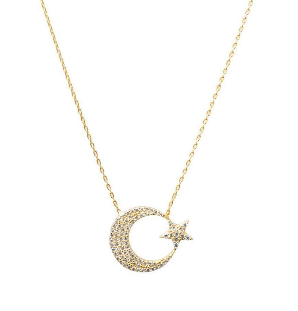 Women's Sterling Silver Islamic Necklace Crescent Moon & Star - Gold
