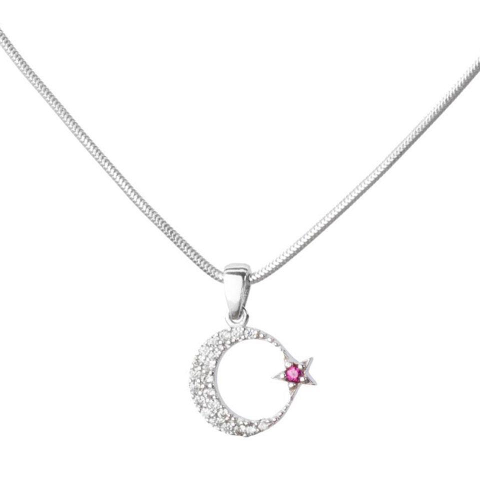 Women's Sterling Silver Islamic Necklace Pink Crescent Moon & Star