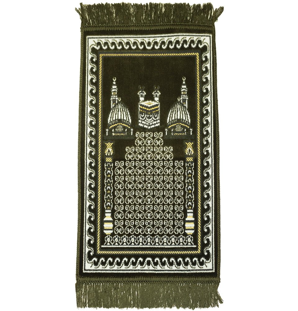 Modefa Olive Green Child Velvet Islamic Prayer Rug - Kaba & Mosque Olive Green