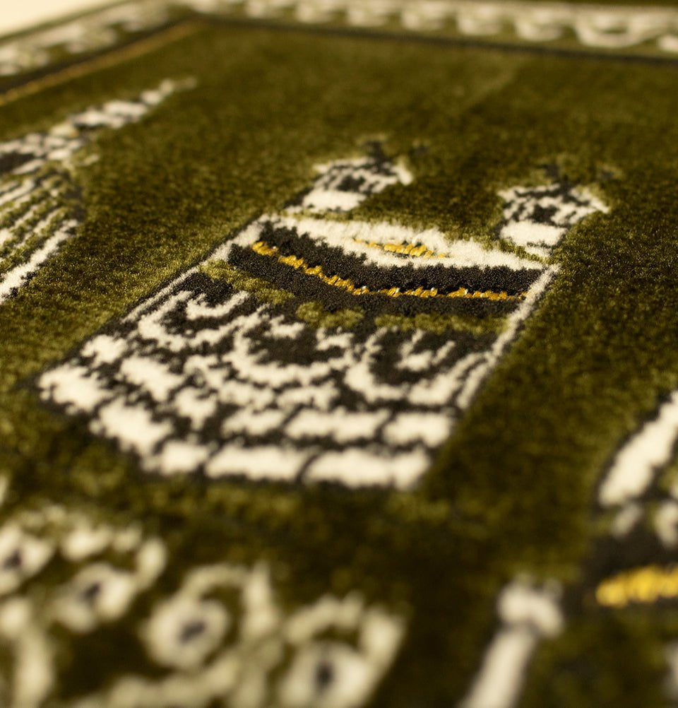 Modefa Olive Green Child Velvet Islamic Prayer Rug - Kaba & Mosque Olive Green