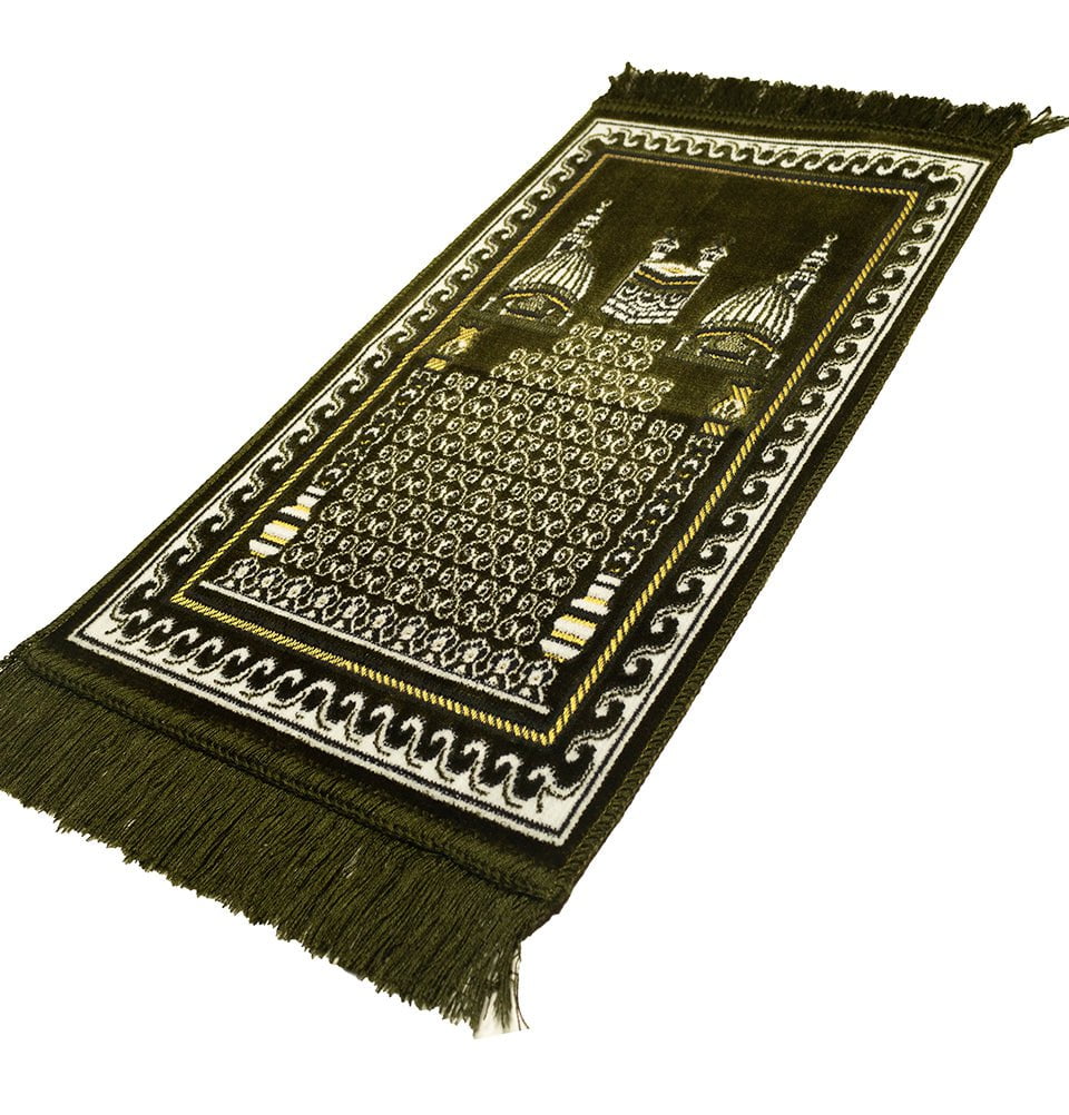 Modefa Olive Green Child Velvet Islamic Prayer Rug - Kaba & Mosque Olive Green