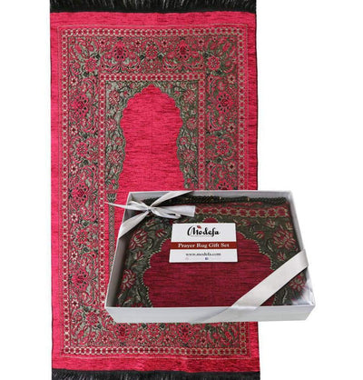 Modefa Pink Embroidered Islamic Prayer Mat Gift Box Set with Prayer Beads - Pink