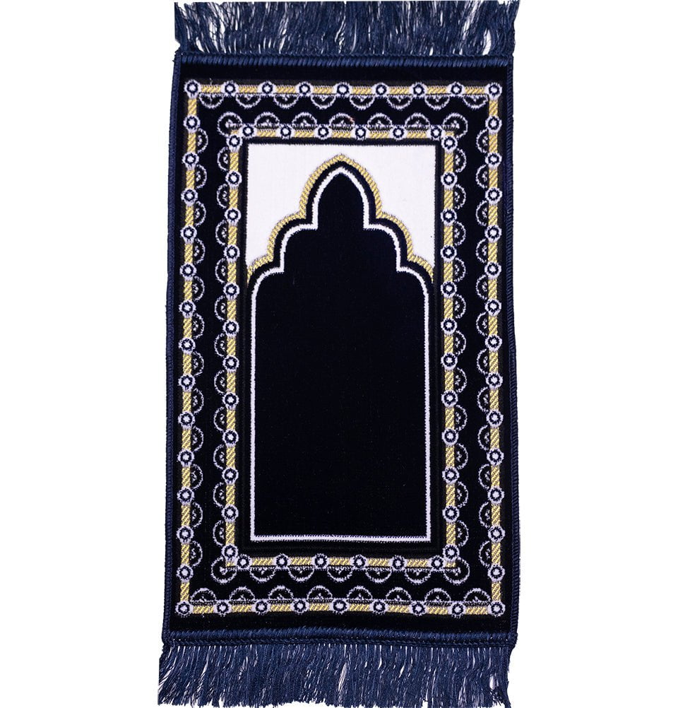Modefa Plain Navy Blue Child Velvet Islamic Prayer Rug - Dotted Border Navy Blue