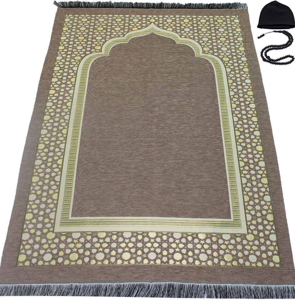 Modefa Prayer Rug Beige Chenille Embroidered Selcuk Star Islamic Prayer Mat - Beige