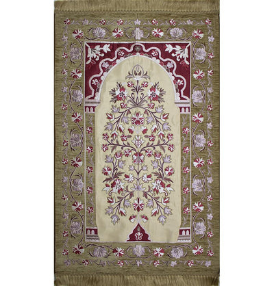 Luxury Embroidered Islamic Prayer Rug Floral Arch - Beige & Red