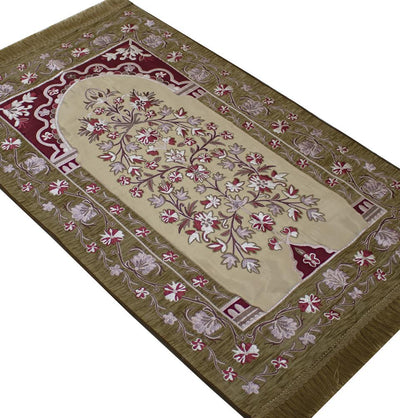 Luxury Embroidered Islamic Prayer Rug Floral Arch - Beige & Red