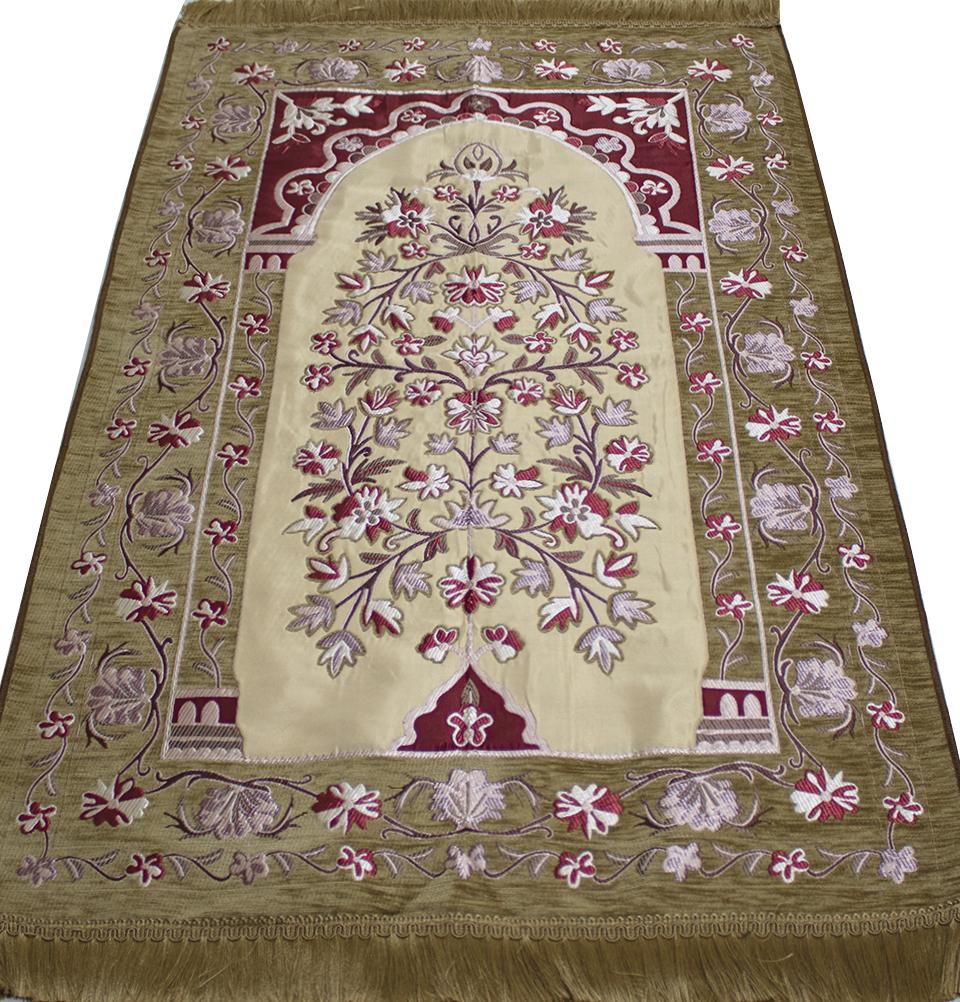 Luxury Embroidered Islamic Prayer Rug Floral Arch - Beige & Red