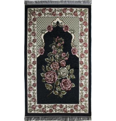 Chenille Embroidered Floral Rose Islamic Prayer Mat - Black #2