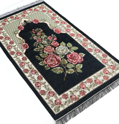 Chenille Embroidered Floral Rose Islamic Prayer Mat - Black #2