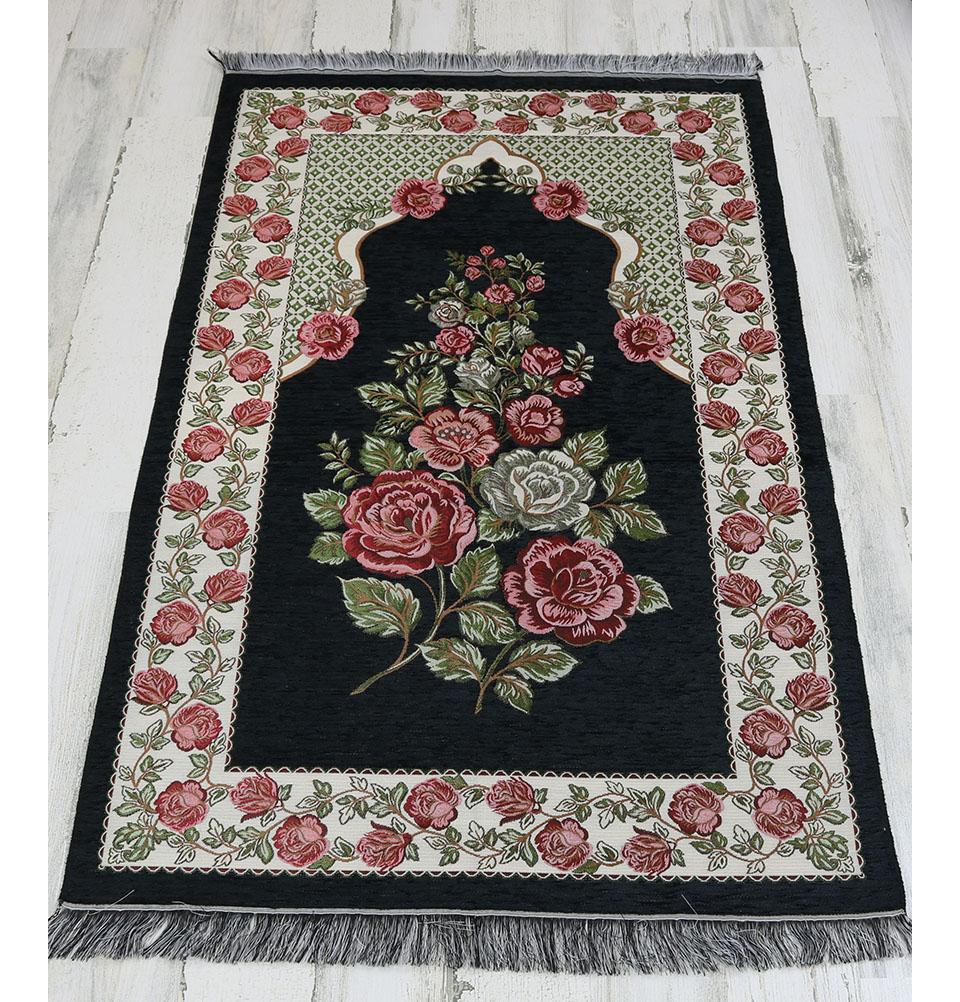 Chenille Embroidered Floral Rose Islamic Prayer Mat - Black #2