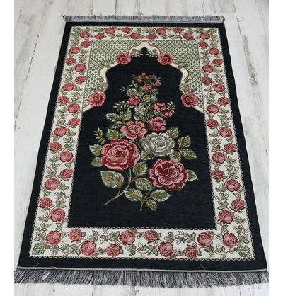 Chenille Embroidered Floral Rose Islamic Prayer Mat - Black #2