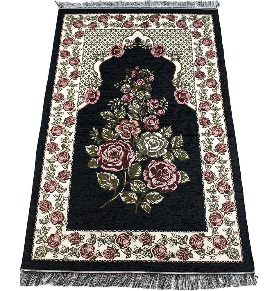 Chenille Embroidered Floral Rose Islamic Prayer Mat - Black #2