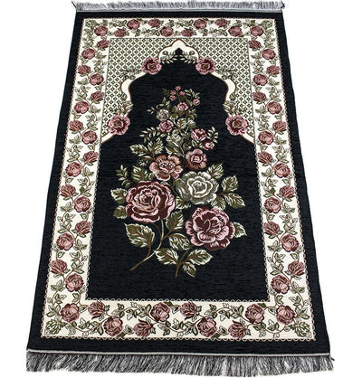 Chenille Embroidered Floral Rose Islamic Prayer Mat - Black #2