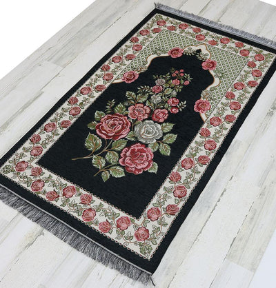 Chenille Embroidered Floral Rose Islamic Prayer Mat - Black #2